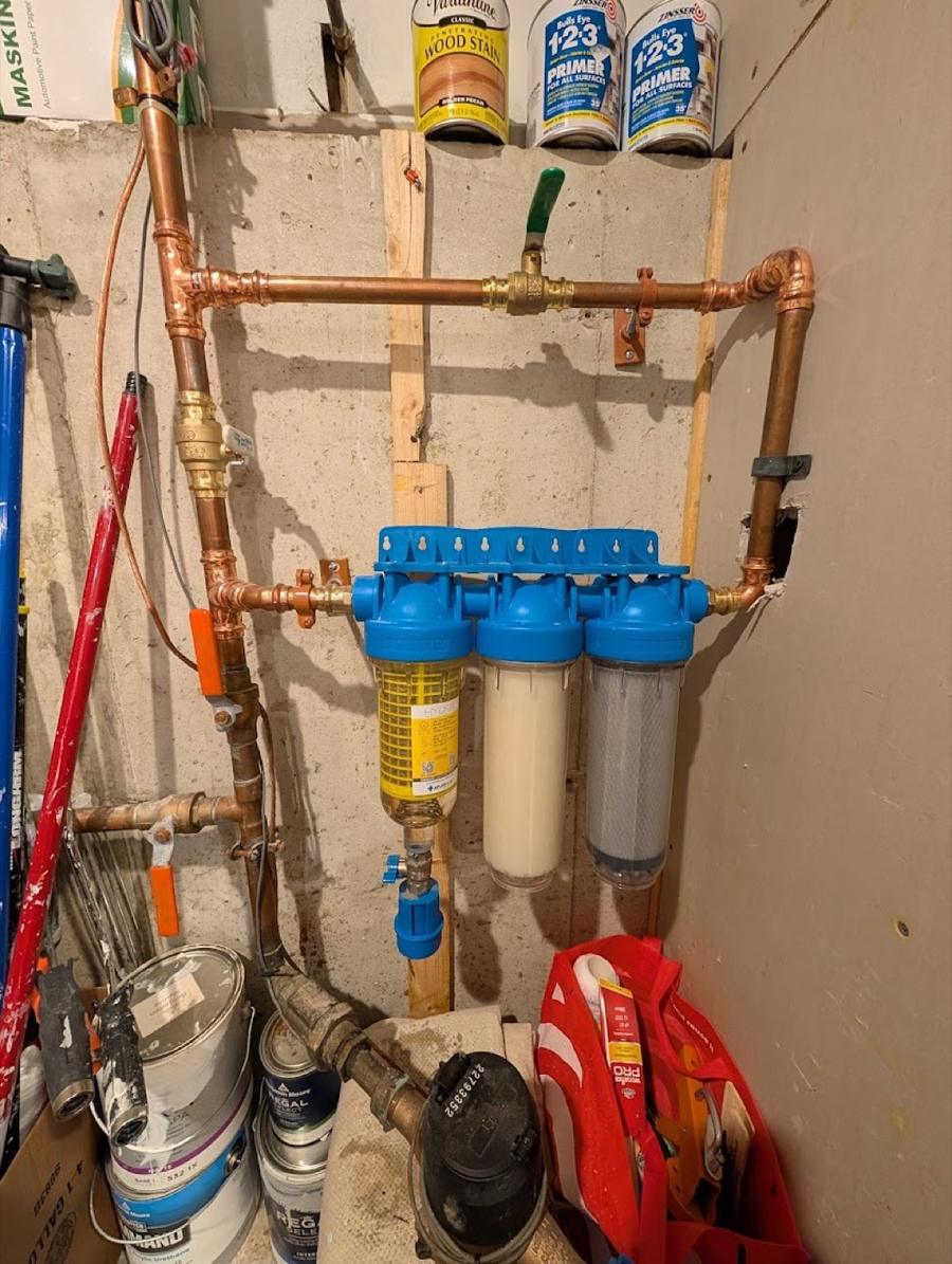 Whole-house three-stage water filter on new copper